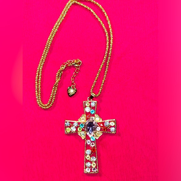 no brand Jewelry - Gold color Cross Necklace w/ Rhinestones of different colors